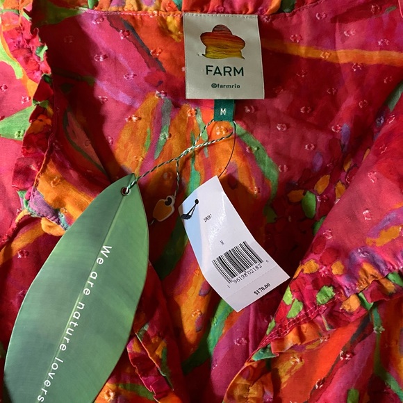 Farm Rio Fruit brush mini dress puff sleeves M L ruffles fringe organic cotton - Picture 8 of 11